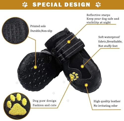 HuaTek Hundestiefel, wasserdichte Hundestiefel,Regenstiefel,Hundeschuhe für mittelgroße bis große Hunde mit Zwei reflektierenden Befestigungsbändern und robuster Rutschfester Sohle(schwarz, 4 Stück)