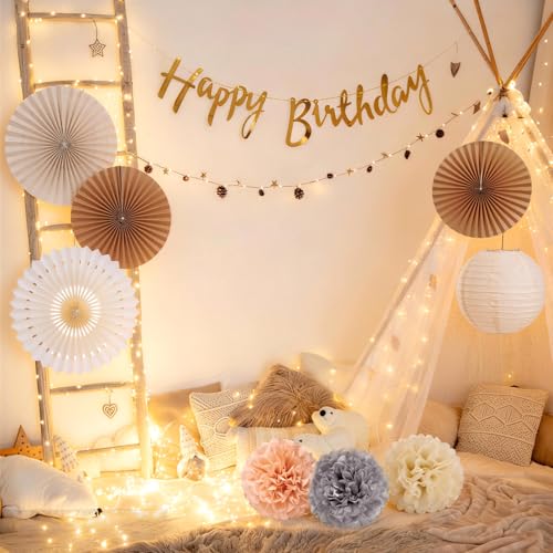 Image of EASY JOY Champagne Beige Paper Flowers Tissue Pom Poms Boho Birthday Decorations Paper Lanterns Party Decorations Happy Birthday Banner White Paper Fans for Boho Fall Rustic Neutral Baby Shower