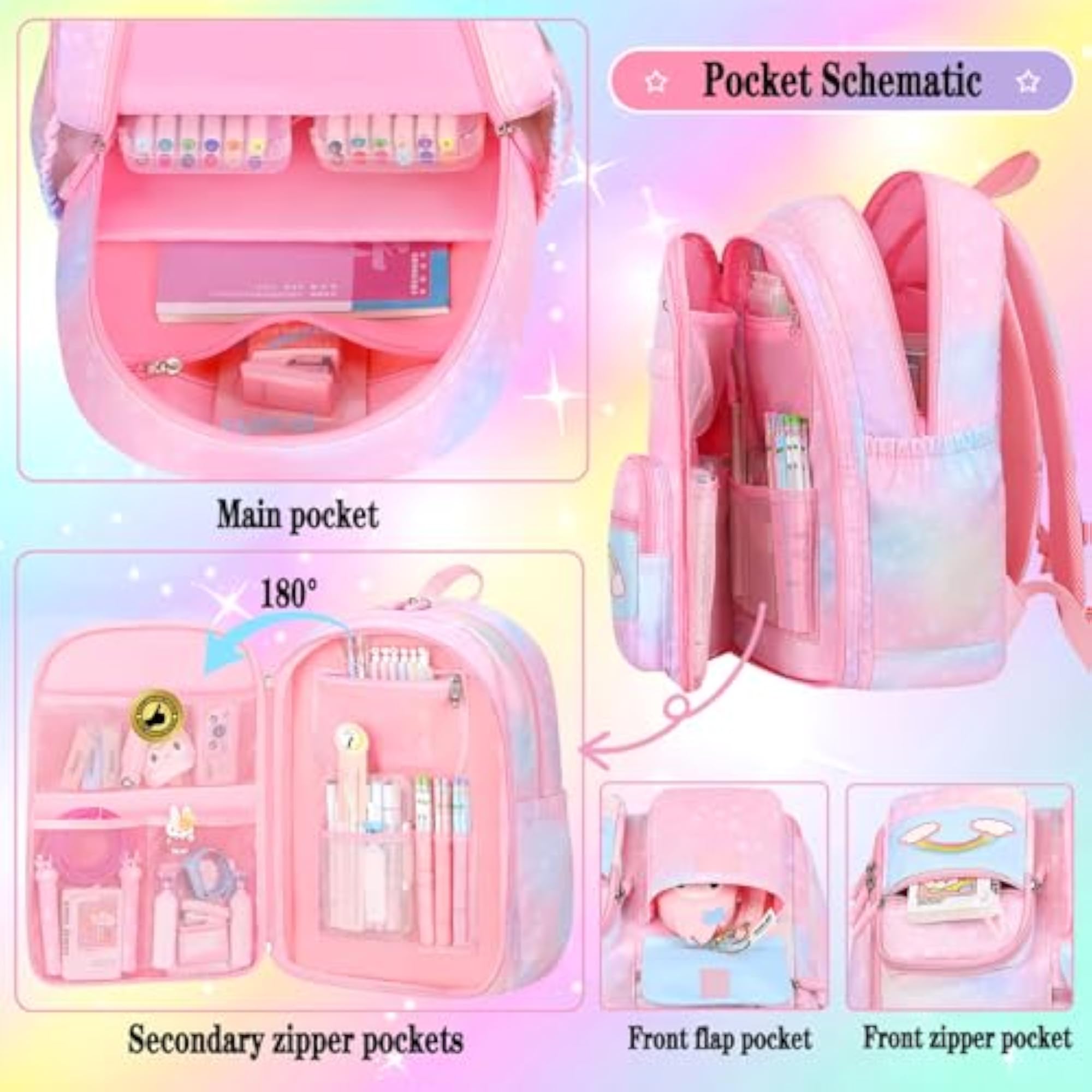 Starry Rainbow Girls Backpack, Large Capacity