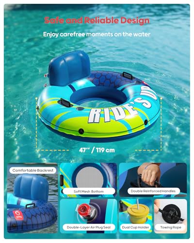 Image of QPAU Inflatable River Tube, 0.4 mm Thickened Puncture-Resistant Heavy Duty River Float, River Raft with Ergonomic Backrest, Mesh Bottom & 2 Cup Holders for Adults and Friends Lake Float