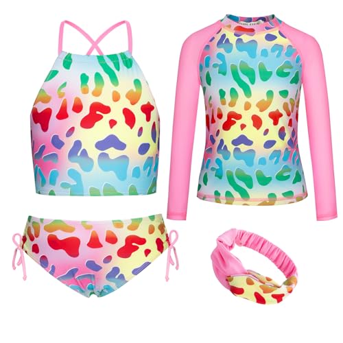 Image of GRACE KARIN Girls Swimsuit Tankini Set Rash Guard Long Sleeve Swimsuit 4 Piece Bathing Suit Swimwear 5-14Y