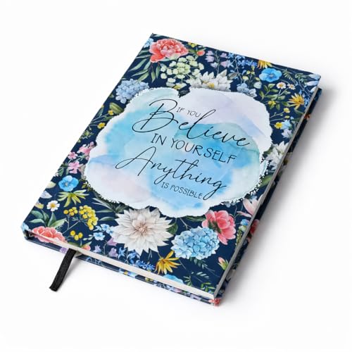 Image of Motivational A5 Hardcover Notebook Diary - Hardbound Journal with Daily & Monthly Planner, Undated Ruled Pages, Silk Ribbon Bookmark, Floral Quote Cover inchBelieve in Yourself inch, Writing Notebook for Women, Students & Office