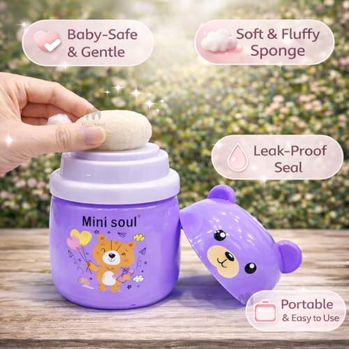 Image of Baby Powder Puff with Opaque Container Soft Feather Sponge Powder Applicator for Newborn & Infant Mess-Free, Leak-Proof, Baby-Safe Design Purple