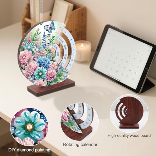 Image of AiYuanzsh DIY Diamond Art Tabletop Calendar Kit - 3D Wooden Perpetual Desk Ornament with Butterfly and Flower Design, Crystal Diamond Painting Desktop Decoration Gift
