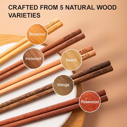 Image of MFJUNS 5 Pairs Wood Chopsticks Set, Panda Engraved Reusable Chopsticks, Rosewood /Wenge /Beech /Iron Wood, No Paint No Wax, Non-Slip 9.5 Inch Solid Wood Chop Sticks for Sushi Ramen Kitchen Daily Dining