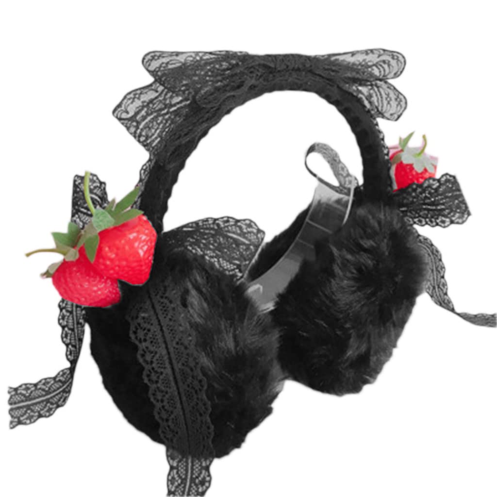 Xinsheinelry For Ear White Strawberry Black Headphones Shape Girls Earmuffs Earphone Shape Ear Warmers Protector Faux