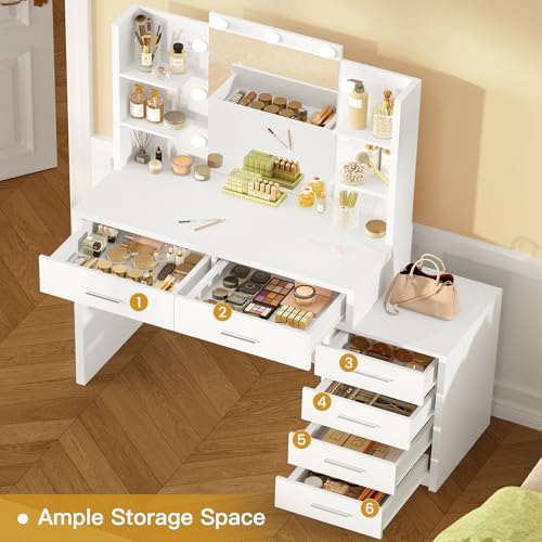 Image of FIONESO 43.3 inch W Vanity Desk with Mirror and 9 LED Lights, Makeup Vanity with 6 Drawers, 6 Open Shelves, 3 Color Modes & Adjustable Brightness, Dressing Table for Girls Bedroom, White
