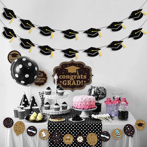 Image of Graduation Decorations Class of 2026 Black Grad Banner Glitter Pre-strung Graduation Cap Banner for 2026 Congrats Grad Decor Party Supplies
