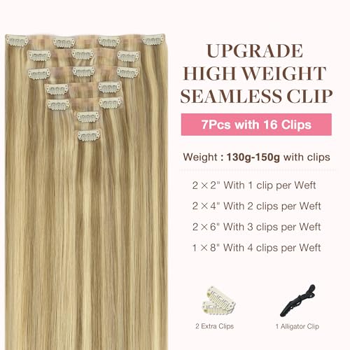 Image of GOO GOO Clip in Hair Extensions Real Human Hair, Remy Human Hair Extensions Clip ins for Women, Natural Human Hair, 22inch 160g 7Pcs, #16 /22 Light Blonde Highlighted Golden Blonde