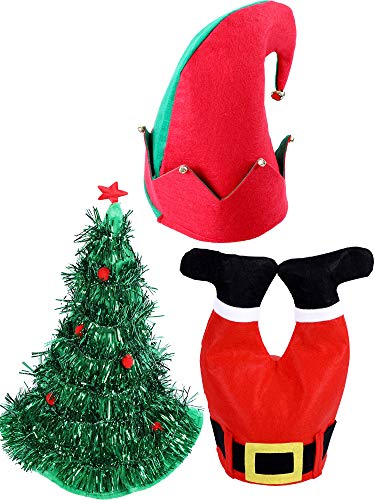 Jovitec 3 Pieces Christmas Hat Novelty Decoration Hats Include Santa Pants Hat Elf Hat Christmas Tree Hats for Adults and Kids