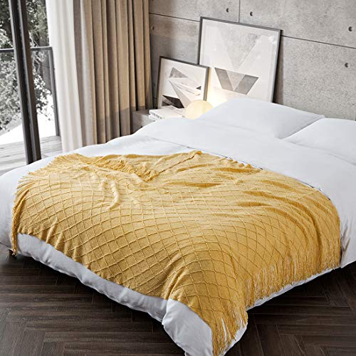 Treely Knit Throw Blanket For Couch,Soft Knitted Blankets With Tassels Fringe 50" X 67.7", Decorative Lightweight Throws Blanket Farmhouse Bed Sofa Fall Outdoor, Yellow #TOP1