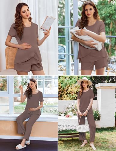 Image of Ekouaer 3 PCS Maternity Nursing Pajamas Set Postpartum Breastfeeding Short Sleeve Shirts, Pregnancy Shorts & Pants Pjs S-XXL