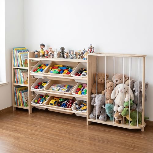 Amdermi Kids Toy Storage Organizer with Bookcase and Stuffed Animal Zoo 4-in-1 Wooden Multi Bin Toy Shelf for Toddlers Playroom Bedroom Nursery