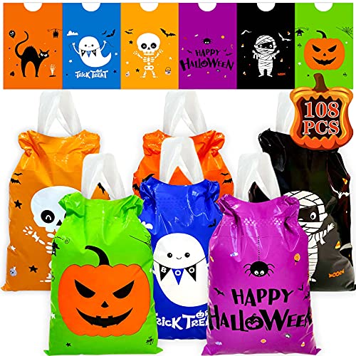 Halloween Drawstring Candy Bags 108PCS Halloween Goody Bags Small Halloween Goodie Bag Plastic Halloween Candy Bags for Trick or Treating Small Trick or Treat Bags Small Halloween Goodie Bags
