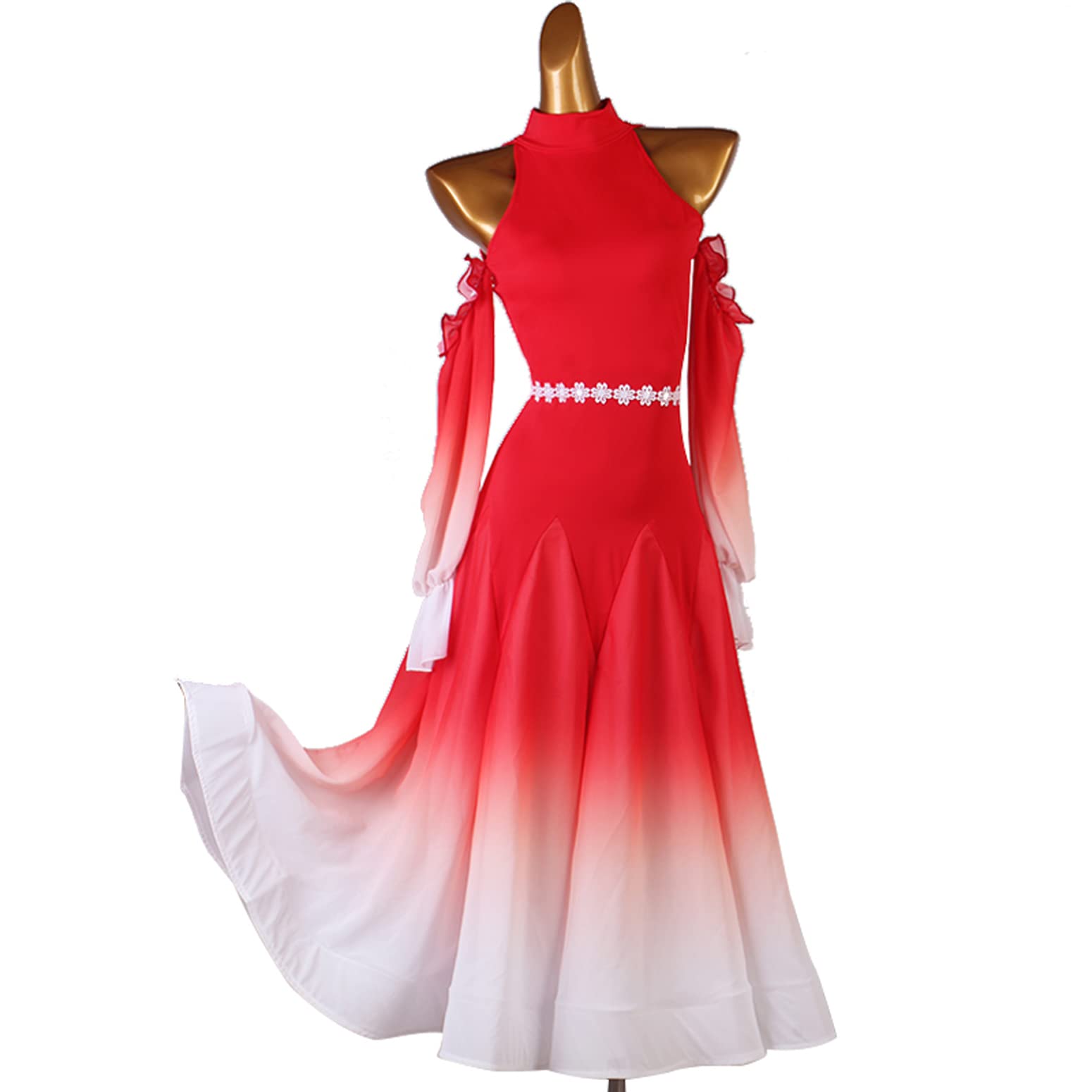 Hollow nowoczesne kostiumy walca Damskie sukienki do tańca towarzyskiego Flamenco z dekoltem halter Gradientowe stroje taneczne z długim rękawem Tango Salsa ze wstążką