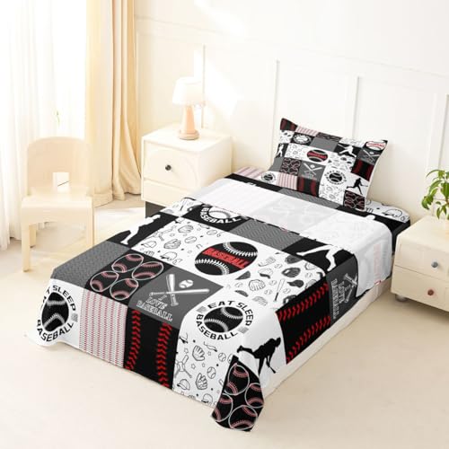 Image of Castle Fairy Baseball Bed Sheet Set for Kids,Sports Geometric Grid Red Grey Sheets Set,Patchwork Baseball Home Decor Sheet Sets with Deep Pocket,Top Flat Sheet,Twin Size