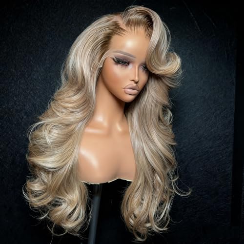 abgese Ash Blonde Wig Human Hair Body Wave Lace Front Wigs Human Hair Brown Roots 200 Density 13x4 Ombre Tea Blonde Glueless Colored Lace Frontal Wig Pre Plukced for Women 20 Inch