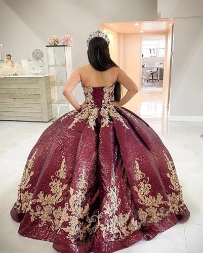Zhangyo Glitter Sequin Quinceanera Dresses Ball Gown Gold Applique Sweet 16 Dresses Puffy Strapless Vestidos De 15 Años2