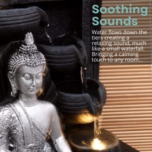 Silver Buddha with Water Bowls | Indoor Water Fountain with LED Light | Dimensions: 21 * 17.5 * 25 Cm | 3 Pin UK Plug Included |