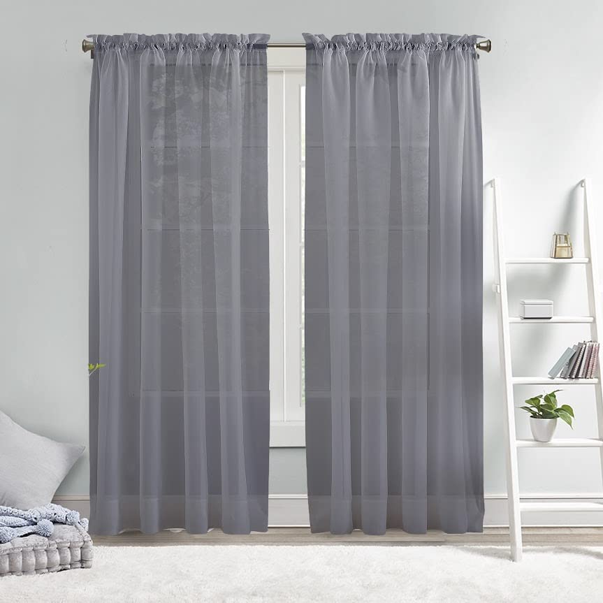 Megachest a pair of sheer Iris stripe pattern voile curtain with tie backs (Dark Grey,W 56" x L 81" (2 Panels))