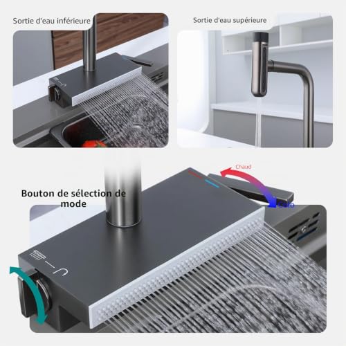 Mitigeur Cuisine Cascade avec Douchette Extensible et 7 Modes de Jet