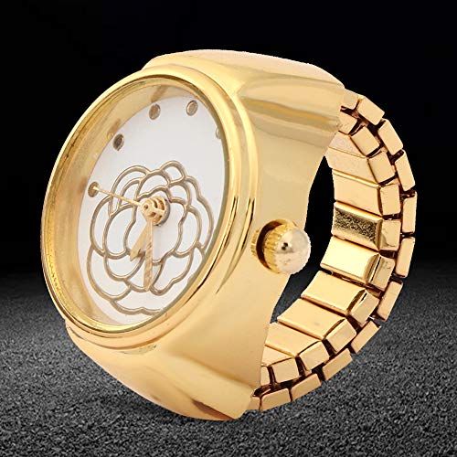 Relógio feminino com anel de dedo, mostrador redondo com padrão de flor rosa Relógio feminino de qua