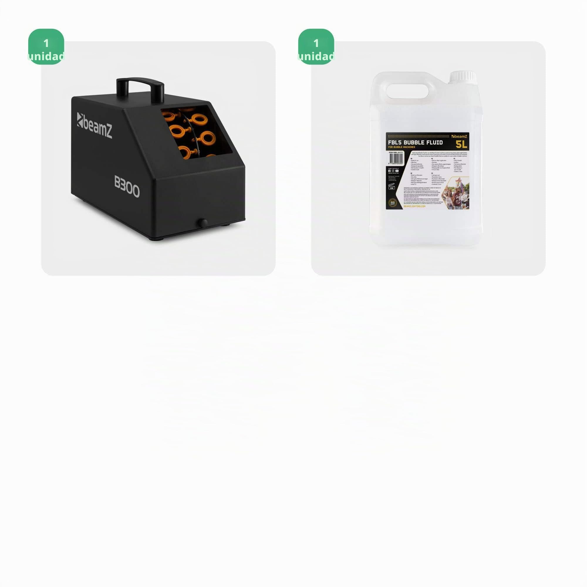 BeamZ B300 - Máquina de Burbujas compacta con Mando Remoto, 5L de líquido Incluido, depósito 700 ml, Ligera y portátil, Ideal para Fiestas Infantiles, Halloween, Eventos y Celebraciones