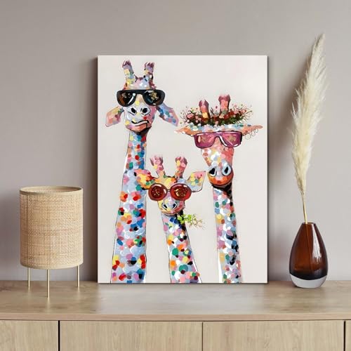 Leinwand Bilder Wandbild 30x40 cm mit Rahmen – Bunte Giraffen im -Design, Kunstdruck auf Leinwand, Ideal für Wohnzimmer, Schlafzimmer oder Kinderzimmer, Mit fixierten Haken und ohne Spuren Nägeln
