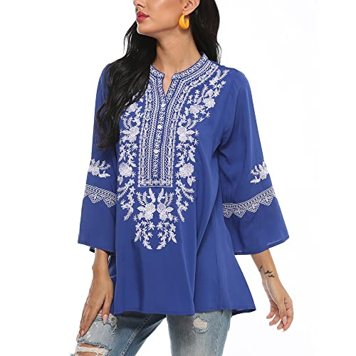 Traditional Mexican Embroidered Peasant Tops for Women, Plus Size Vintage Floral Tunic Shirts, Flowers Embroidery Blouses4