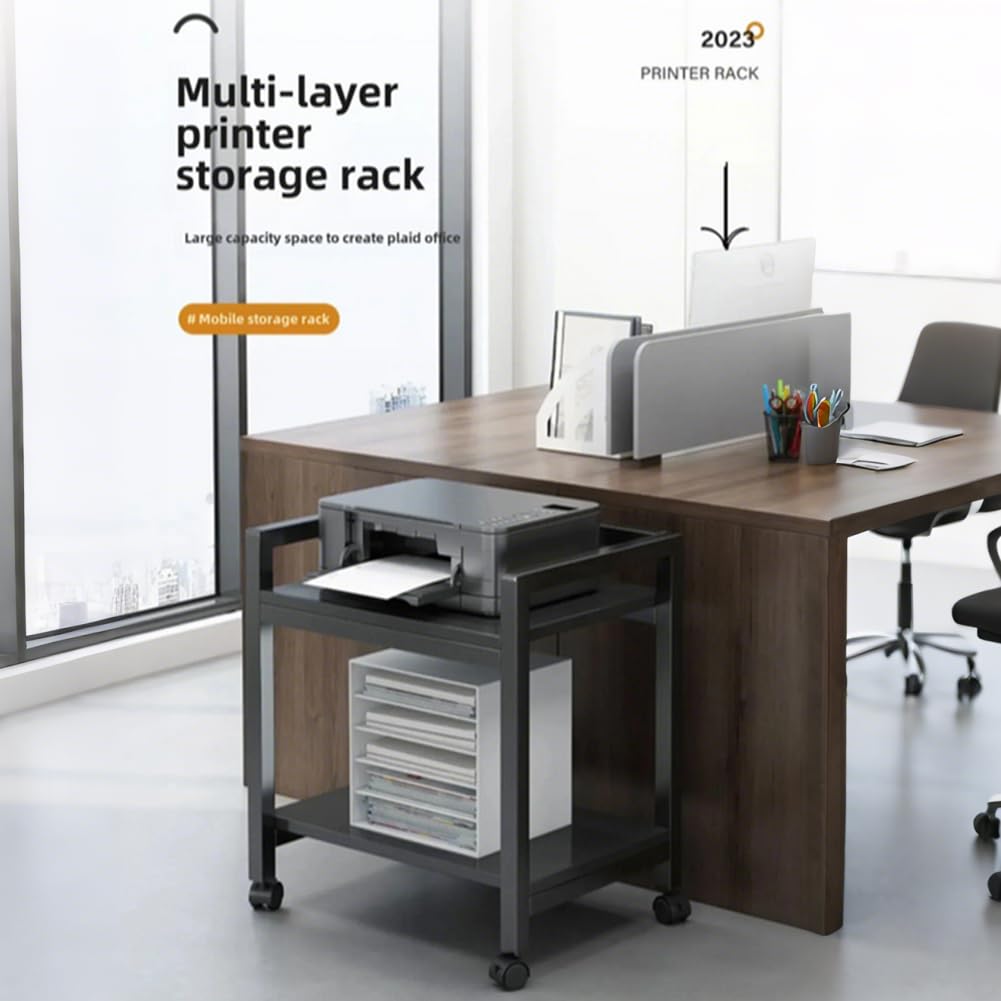 Soporte para Torre de Ordenador de 2 Niveles, Altura Ajustable con Ruedas, Soporte para CPU de PC, Mesa de Impresora de Metal para Salón, Dormitorio, Estudio,Oficina, 51 x 30 x 55 cm