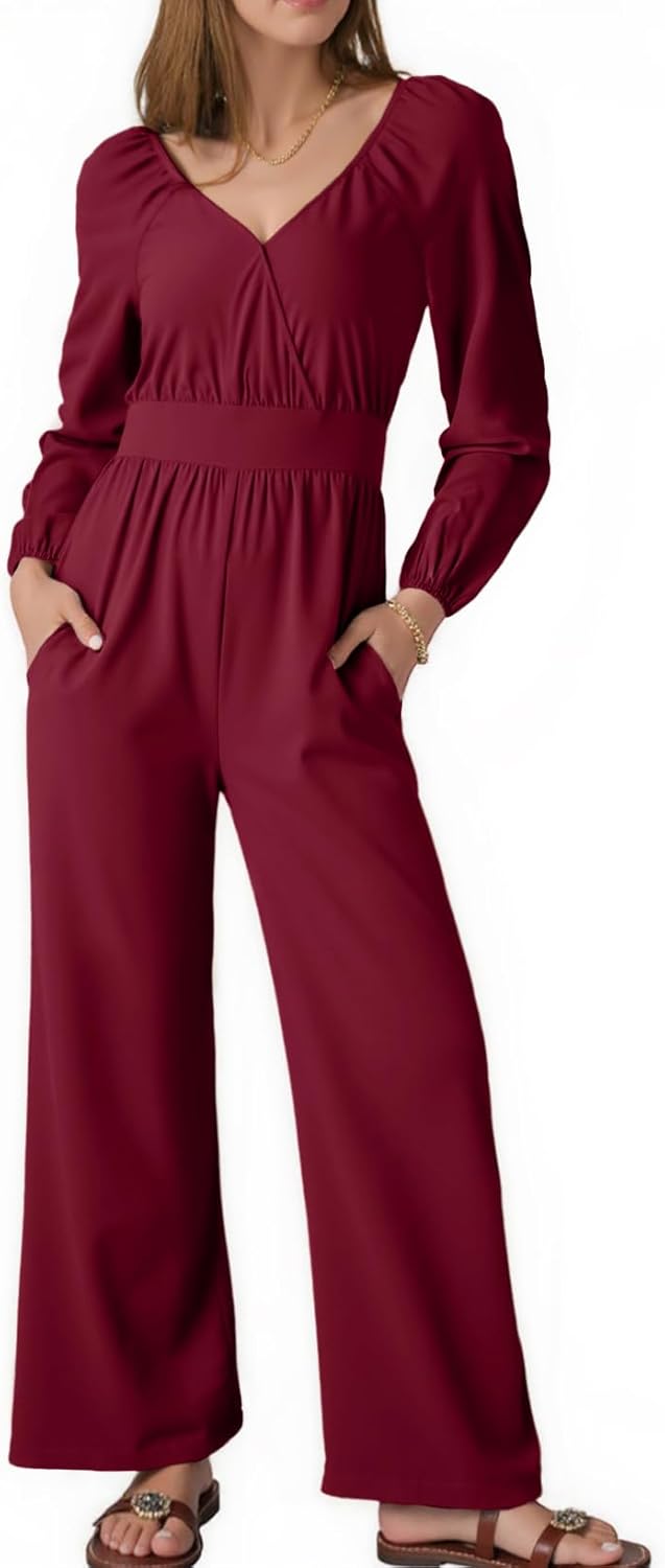 Dokotoo Women's Casual Loose Overalls Jumpsuits One Piece Long Sleeve Wide Leg Pant Rompers With Pockets