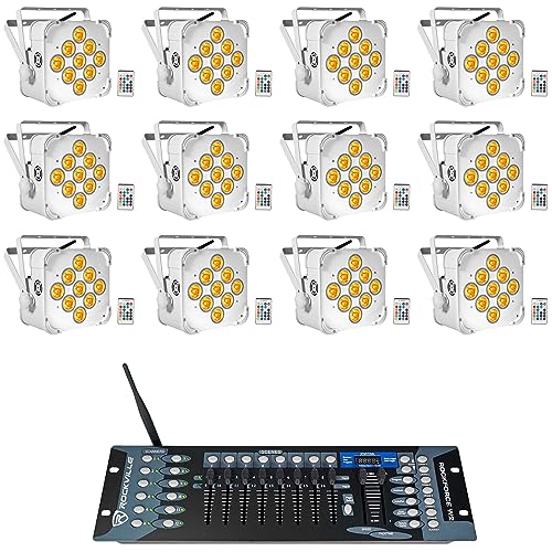12 Rockville Best PAR 60 White Rechargeable Wash Lights+Wireless DMX Controller