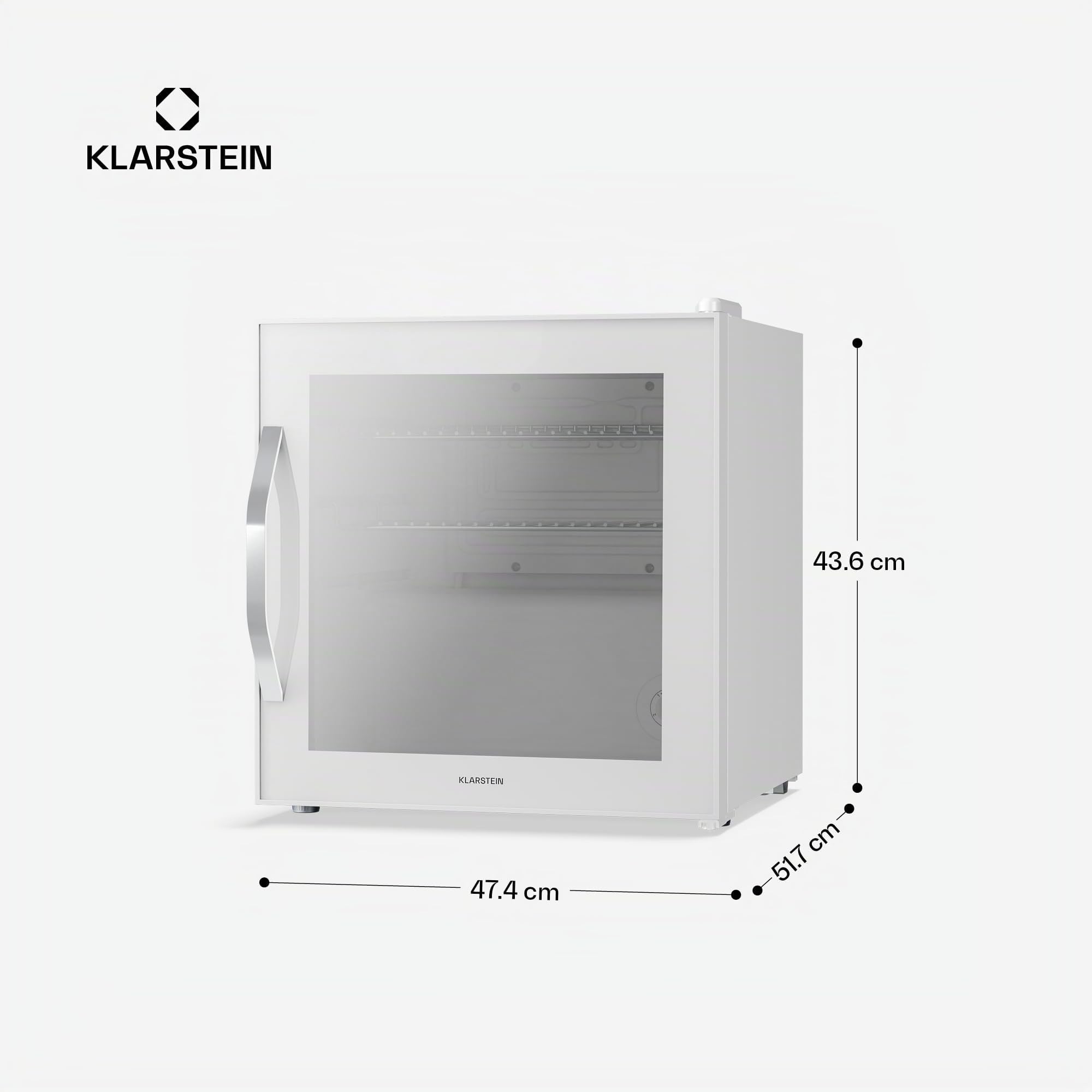 KLARSTEIN Beersafe Nevera para Bebidas - 47L, Puerta de Cristal Espejo, 0-13°C, 2 Estantes Metálicos Extraíbles, Frigorifico para Bebidas, Control Giratorio, Bajo Ruido