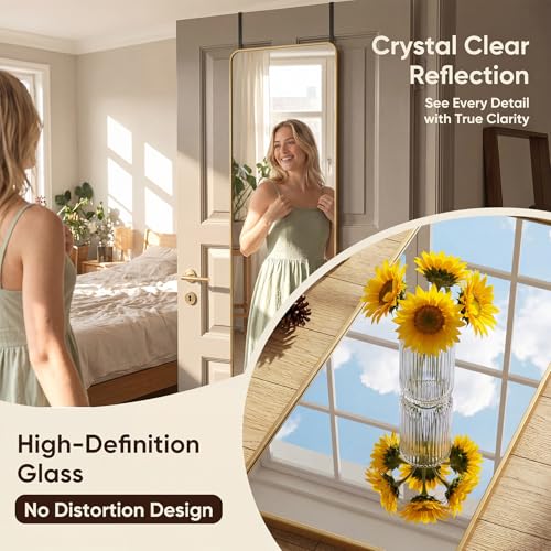 Image of Antok 58 inchx20 inch Over the Door Mirror, Full Length Mirror Door Hanging with Aluminum Metal Frame, Rectangle Wall Mounted Body Mirrors for Bedroom, No-Drill Space Saving Dressing Mirrors, Gold