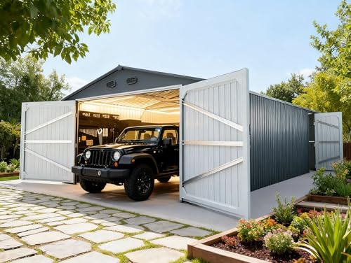 20 x 10 FT Metal Garage Shed, Large Metal Building Storage Shed with with 2 Lockable Doors&4 Air Vents, Galvanized Steel Prefab Shed Waterproof for Car, Truck, Bike, Tool, Dark Gray