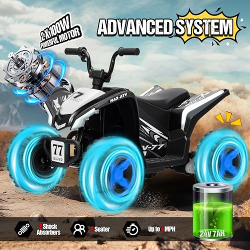 Image of Kids ATV 4 Wheeler, Two Seater 24V Ride On Toy for Big Kid w /Unique LED Light, Music, Wireless, Story, 24 Volt Ride on Car Electric Quad for Boys Girls (White)