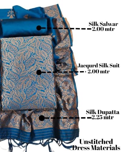 Image of Women Banarsi Silk Unstitched Suit Piece Dress Material | Unstitched Salwar Suit Dress Fabric for Women with Zari Dupatta Set (Suit-2M, Salwar-2M, Dupatta-2.25M) - Teal Blue