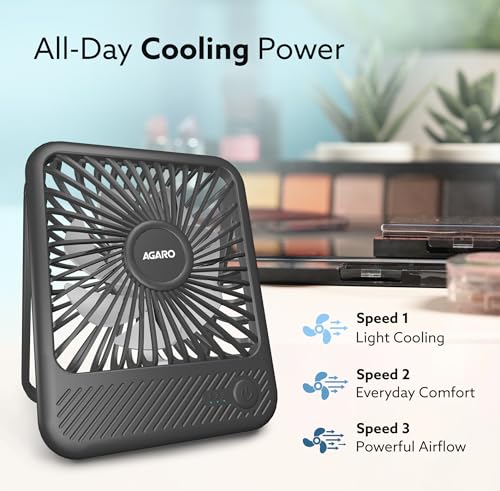 Image of AGARO Primo Rechargeable Portable Desk Fan, Mini Fan with USB Type-C, 3 Speeds, Foldable Adjustable Stand, Long-Lasting Battery, Quiet Personal Cooling for Home, Office & Travel