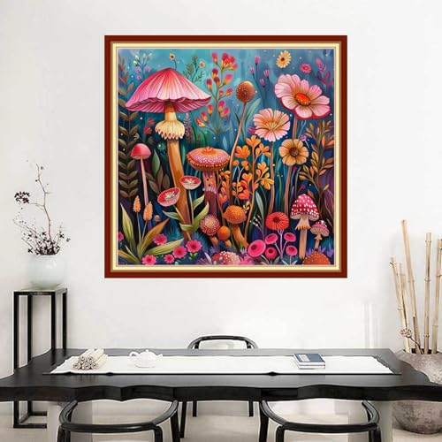 Image of Joyhoor Stamped Cross Stitch Kits for Beginners Needlepoint Kits for Adults Embroidery Kits 11CT Counted Cross Stitch Kits Printed Embroidery Pattern-Mushroom Flowers 18x18 inchs