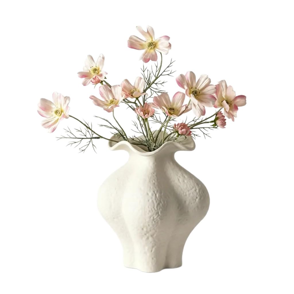 HRGKLMN Vase Ceramic Abstract Ceramic Vase with Wavy Rim, Wabi-Sabi Flower Vase for Artificial Plants and Dried Flowers, Vases as a Gift,White,D