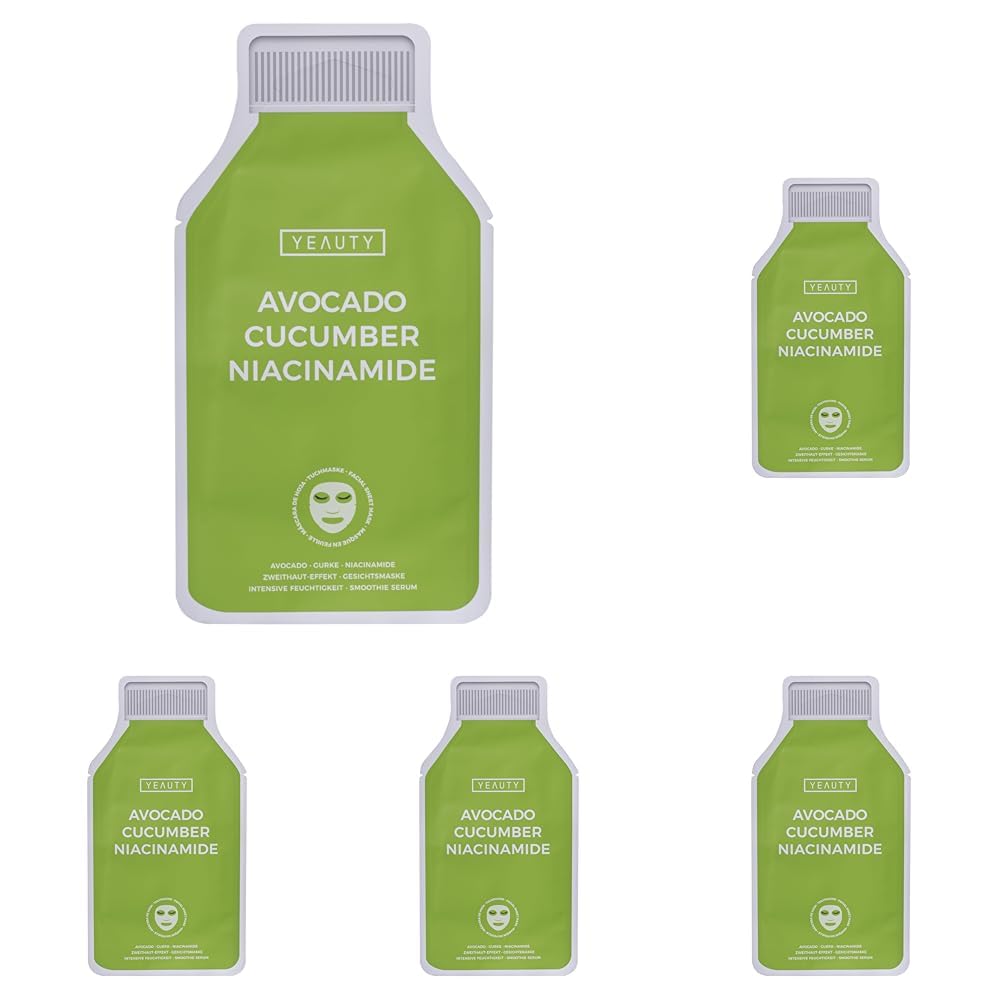 YEAUTY SMOOTHIE Tuchmaske Avocado, Cucumber & Niacinamide – Feuchtigkeitsspendende Gesichtsmaske für intensive Pflege, strahlende Haut – 100% biologisch abbaubar – 5er Pack