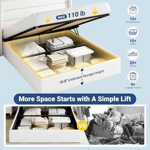 Image of Allewie Queen Size Velvet Lift Up Storage Bed, Modern Wingback Headboard, Hydraulic Support, No Box Spring Needed, White