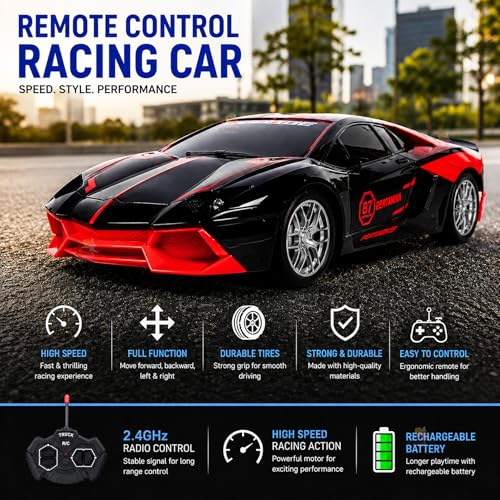 Image of Wishkey Remote Control Car Toy Super High Speed Racing Car with Stylish Looks & Modern Design,RC Vehicle Toy for Kids Age 4+ Years Black-Red, (Pack of 1)