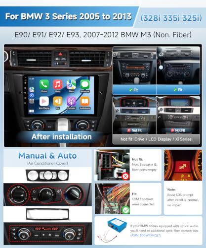 Image of Stereo for BMW 325i 328i 335i E90 E91 E92 E93 2005-2011 Radio with Wireless CarPlay & Android Auto, 9 inch IPS Touch Screen for 328i Car Navigation GPS BT WiFi FM DSP RDS AUX SWC Carmera, No Fiber