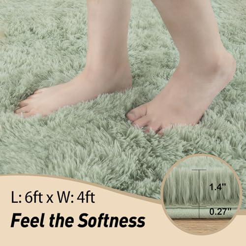 Green Rugs for Living Room, 4x6 Feet Large Fluffy Area Rugs for Bedroom, Soft Carpet Shag Kids Rug with 4 Non-Slip Rug Pads (4ft x 6ft, Green)