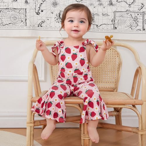 Strawberry Jumpsuit Toddler Girl Flare Romper Baby Bell Bottoms Floral Print Wide Leg Overalls Sleeveless Playsuit3