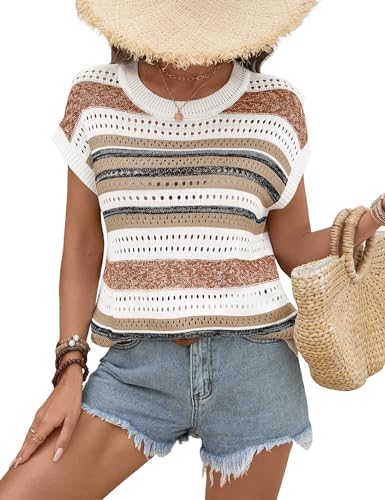 Image of Ivicoer Womens Spring Summer Tops Crochet Cap Sleeve Sweater Hollow Out Beach Vacation Clothes Trendy 2026 Loose Fit