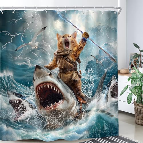 Image of Funny Cat Riding Shark Shower Curtain Ocean Waves 72Wx84H Inch Decor