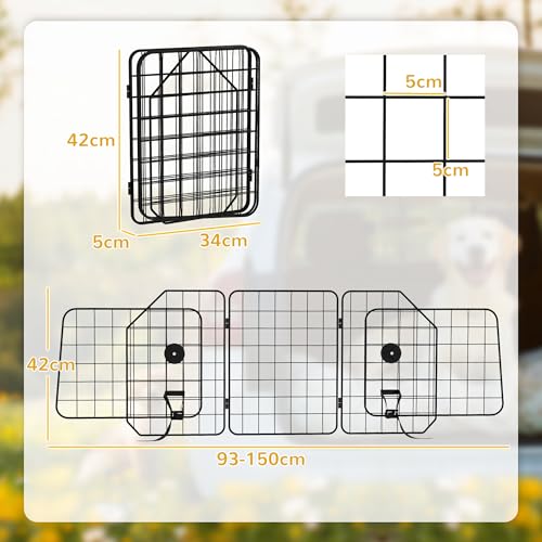 PawHut Hundegitter Auto Universal Kofferraumgitter Verstellbare Breite Hundeschutzgitter Auto Barriere Trenngitter für Hunde aus Stahl Schwarz 93-150 x 42 cm