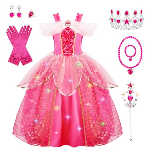 Meland Princess Costume for Girls - Light up Halloween Princess Dress for Girl Dress Up Outfit for Christmas & Birthday Gift(Pink 5-6 Years)